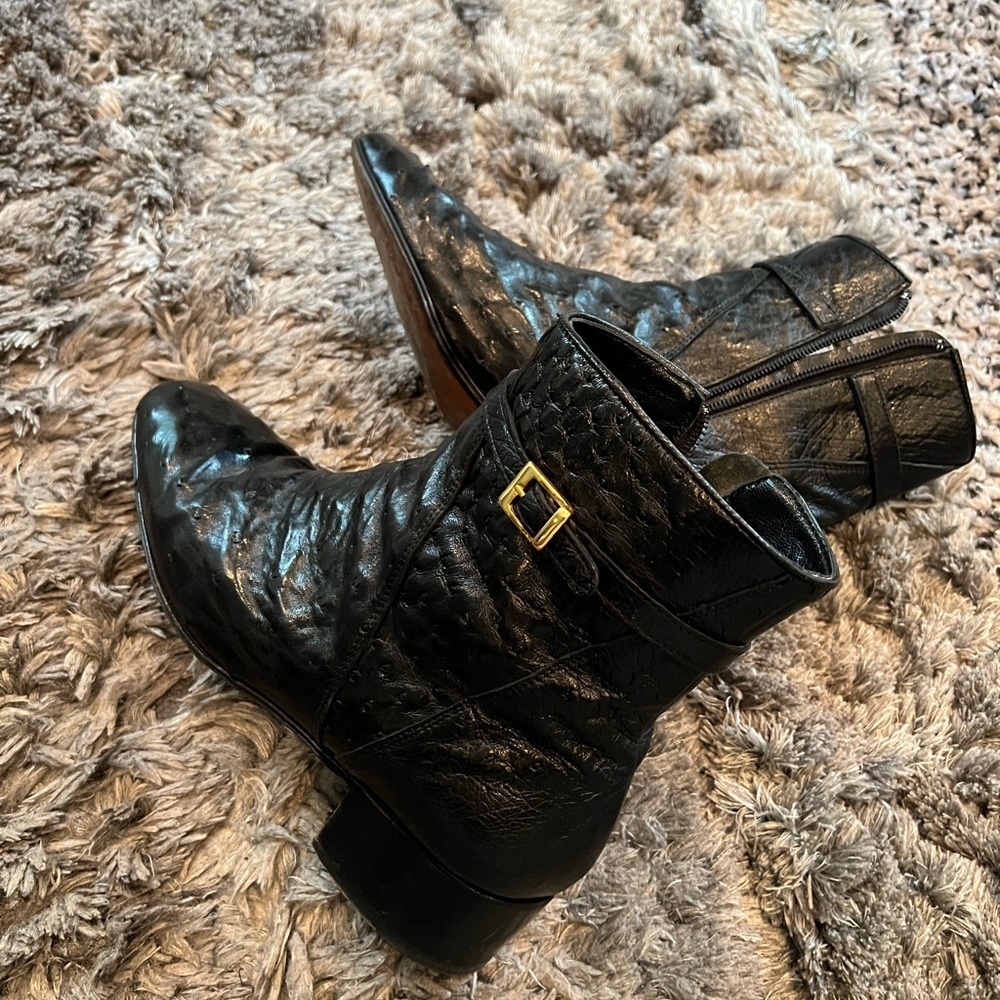 Men’s MAURI Black Hand Made OSTRICH Side Zip Boots Size 8.5 Made In Italy